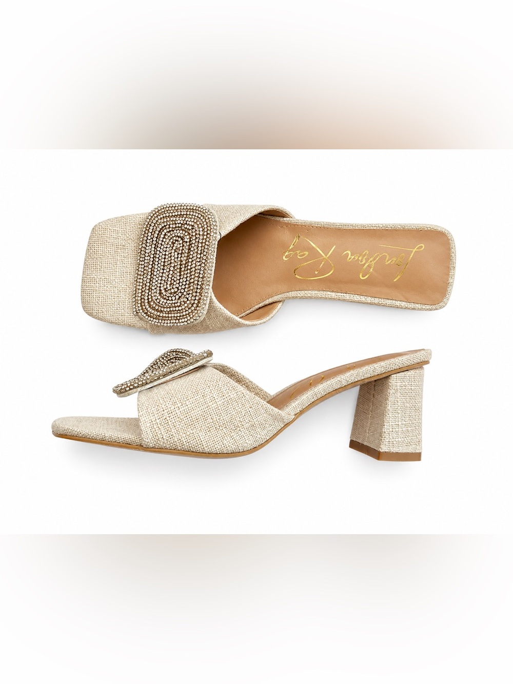 London Rag Women’s Beige Linen Square Toe Block Heel Slide Sandals Size 9 Rhines